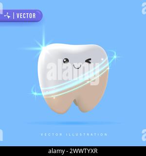 Illustrazione del vettore Concept 3D con sbiancamento dei denti. Inserti dentari. Trattamento di bellezza dei denti. Illustrazione Vettoriale