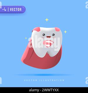Dente supereroe con illustrazione vettoriale del personaggio di Red Cloak. Carino dente sorridente Cartoon adatto per bambini Dental Clinic poster. Un simpatico dentista Masc Illustrazione Vettoriale