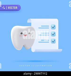 Personaggio Happy Tooth realistico 3D con scheda diagnostica. Esami dentistici per bambini Illustrazione Vettoriale