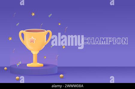Champion Concept Design con Golden Trophy e Confetti su illustrazione Vector a podio 3D minimale. Concetto di cerimonia di premiazione 3D. Illustrazione Vettoriale