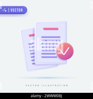 Icona documento realistico 3D nell'illustrazione vettoriale di sfondo isolato. Risma di fogli di carta. Documento confermato o approvato. Icona business. Contratto Illustrazione Vettoriale