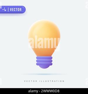 illustrazione 3d realistica del vettore della lampadina. Icona, logo e simbolo della lampadina gialla. Isolato su sfondo bianco. Segno di idea, soluzione, pensiero Illustrazione Vettoriale