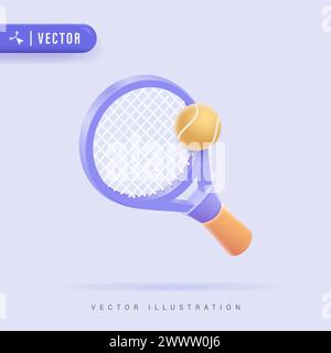 Racchetta da tennis realistica 3D e palla in sfondo isolato illustrazione vettoriale. Concetto di oggetti da tennis Illustrazione Vettoriale