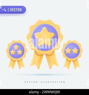 Set di medaglie Champion e Winner Awards con Stella e nastro. Trofeo primo, secondo, terzo posto. Etichetta di qualità superiore, simbolo di garanzia di qualità. 3D. Illustrazione Vettoriale