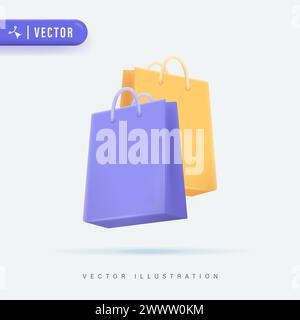 Illustrazione realistica del vettore della shopping bag 3D. Icona e simbolo del logo della shopping bag. Progettazione del concept di vendita. Illustrazione Vettoriale