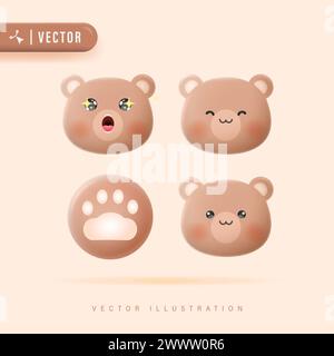 Emozioni realistiche in 3D per il volto dell'orso con varie illustrazioni vettoriali per l'espressione facciale. Grazioso design del personaggio dell'orso. Set vettoriale di carino Cartoon Bear IC Illustrazione Vettoriale