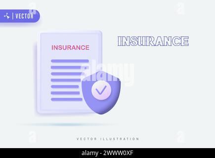Concetto di assicurazione sana con elenco di controllo Shield e nota assicurativa illustrazione vettore disegno. Assicurazione medica. Cartella clinica. Attività. Assistenza sanitaria Illustrazione Vettoriale