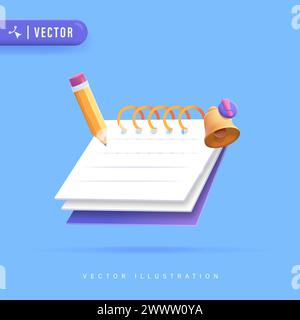 Progettazione realistica 3D di notebook con illustrazione vettoriale di notifica a matita e campana. Elenco di controllo delle operazioni di gestione degli appunti su carta Illustrazione Vettoriale