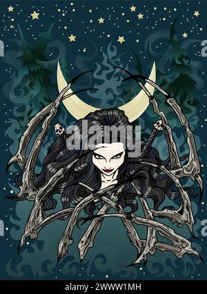 Illustrazione fantasy vettoriale con una bella donna demoniaca nell'oscurità sullo sfondo della luna, della foresta spaventosa, della nebbia e del cielo notturno con stelle, auto Illustrazione Vettoriale