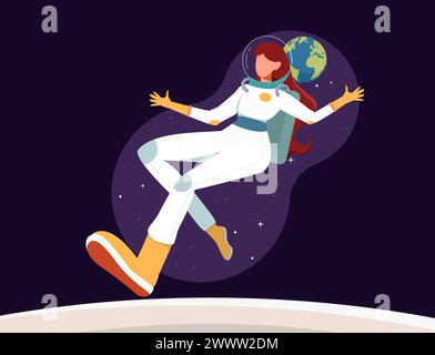 Astronauta femminile che vola nello spazio concetto di design piatto, astronauta donna in tuta spaziale bianca con illustrazione vettoriale di sfondo terrestre Illustrazione Vettoriale