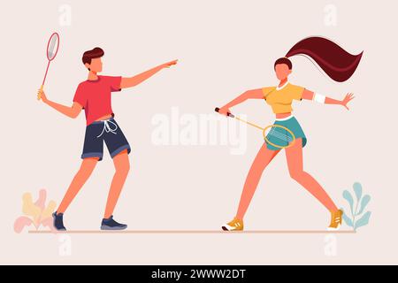 Uomo che gioca a Badminton con sfondo isolato donna Flat Design, che gioca a Badminton con l'amico Vector Illustration Modern Style Illustrazione Vettoriale