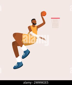Illustrazione di un giocatore di pallacanestro che salta a rete, disegno piatto di Afro Man che gioca a pallacanestro, giocatore di pallacanestro piatto disegnato a mano, atleta che colpisce Illustrazione Vettoriale