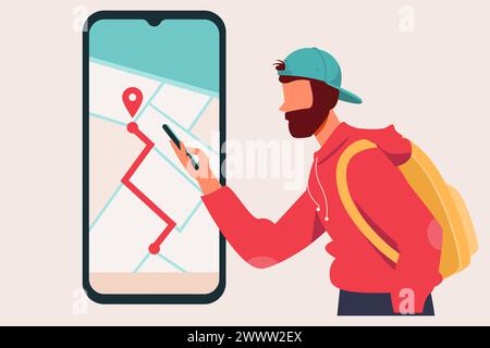 Concetto di Business Online Delivery con Delivery Man e applicazione Mobile Online Map Navigation. Tracciamento della posizione. Navigatore percorso. Infografica sulla mappa della città Illustrazione Vettoriale