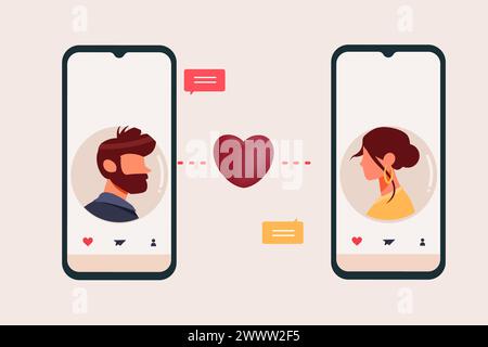 Concetto di Flat Design dell'app per incontri, invio di messaggi con smartphone nell'illustrazione vettoriale dell'app per incontri Illustrazione Vettoriale