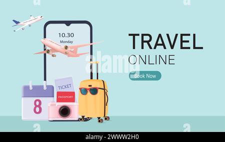 App Travel online Booking Service su smartphone. E-commerce su Internet. Pianificazione del viaggio. Attrezzatura da viaggio e bagagli. Concetto di app per turismo e prenotazioni. Noi Illustrazione Vettoriale