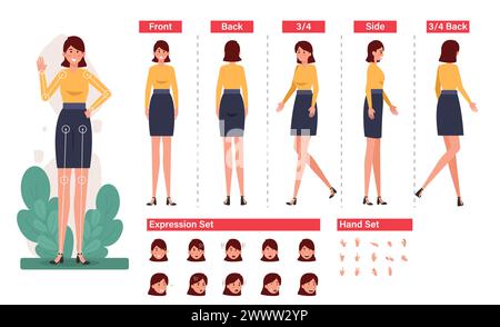 Set di personaggi Business Woman, set di vettori di personaggi business donna. Lavoratrice d'ufficio in piedi con varie pose e gesti delle mani per bu Illustrazione Vettoriale