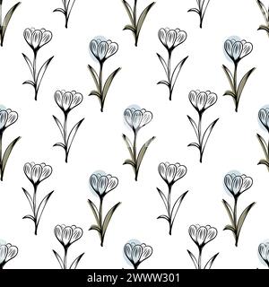 Motivo senza cuciture con colori primaverili ed estivi. Croco in stile schizzo disegnato a mano su sfondo bianco Illustrazione Vettoriale