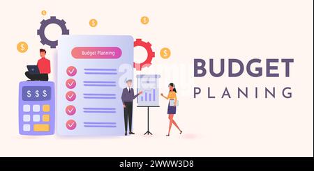 Concetto di pianificazione del budget con lavoratore d'ufficio maschile presentazione con l'illustrazione del vettore boss.modello di progettazione della pianificazione finanziaria con calcolatrice. Moderno Illustrazione Vettoriale