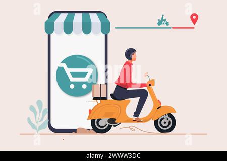 Consegna rapida in scooter su cellulare. Concetto di e-commerce. Infografica online sugli ordini alimentari. Pagina Web, progettazione dell'app, applicazione per gli ordini di consegna su un tracciato dello smartphone Illustrazione Vettoriale