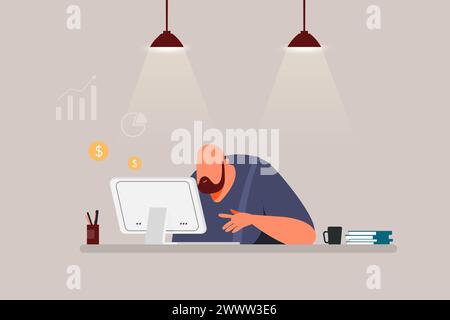 Lavoratore maschile seduto dietro la scrivania Office Flat Design Concept, Bussinesman lavora con il suo computer Vector Illustration Illustrazione Vettoriale