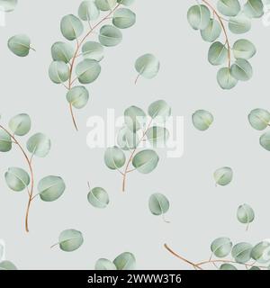 Motivo senza cuciture con delicati rami di eucalipto acquerelli su uno sfondo verde chiaro. per carta da parati, design in tessuto, cancelleria, imballaggio Foto Stock