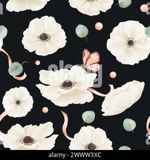 Motivo senza cuciture con anemoni di acquerello bianco, foglie di eucalipto, nastri di raso e strass. tessuti, web design, materiali di stampa di benvenuto Foto Stock