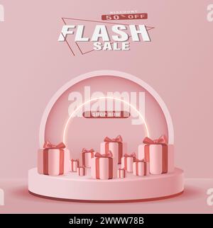 Banner per acquisti in vendita flash con illustrazione del vettore della confezione regalo. Sfondo di sconti e sconti con podio e confezione regalo rosa. Illustrazione Vettoriale