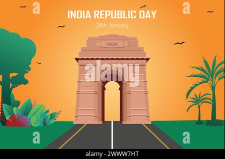 Poster India Republic Day con illustrazione vettoriale India Gate. Illustrazione Vettoriale