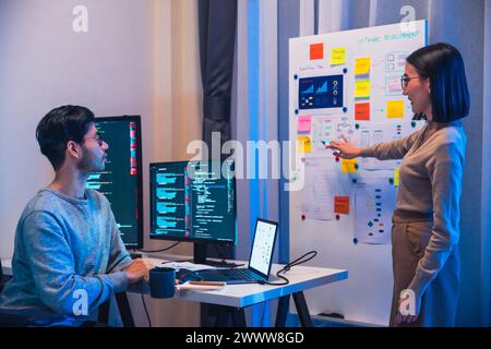Il team di sviluppo presenta la progettazione dell'interfaccia di progetto con la scheda e risolve il problema in ufficio Foto Stock