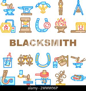le icone di lavoro dell'incudine della fucina del fabbro impostano il vettore Illustrazione Vettoriale