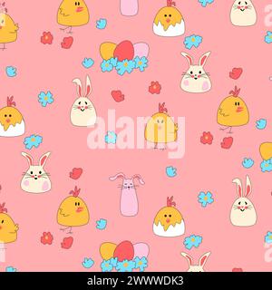 Motivo senza cuciture con polli pasquali, lepri e uova in un nido. Fiori su sfondo rosa per prodotti per bambini. Carini conigli per vestiti per bambini. Illustrazione vettoriale piatta per la stampa di imballaggi, tessuti e tessuti. Illustrazione Vettoriale