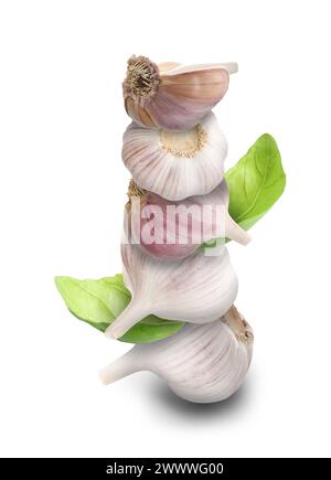 Teste impilate di foglie di aglio e basilico su sfondo bianco Foto Stock