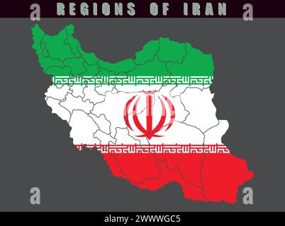 Mappa delle province del paese asiatico dell'Iran. Forma del paese delineata e riempita con la bandiera dell'Iran. Illustrazione vettoriale. Illustrazione Vettoriale