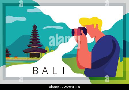 Bali Photograph Vector Illustration Flat Design, che cattura il bellissimo Tempio di Bali con sfondo al tramonto, Un uomo che scatta una foto della splendida Temp di Bali Illustrazione Vettoriale
