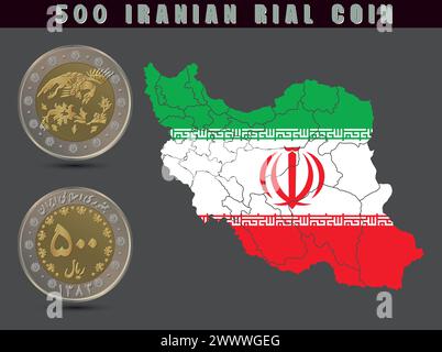 500 moneta di rial iraniana insieme a una mappa dell'Iran. Illustrazione vettoriale. Illustrazione Vettoriale