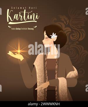 Selamat Hari Kartini significa "Happy Kartini Day". Kartini è un eroe femminile indonesiano. Habis gelap terbitlah terang significa After Darkness comes Light. Vettore Illustrazione Vettoriale