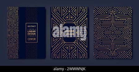 Set vettoriale di motivi di cornice art deco, etichette di design con linea dorata. Copertine geometriche di lusso, sfondo vintage, modelli premium Illustrazione Vettoriale