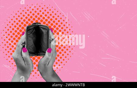 Collage artistico che mostra il portafoglio vuoto, su sfondo rosa con spazio per le copie. Concetto di fallimento e mancanza di denaro. Foto Stock