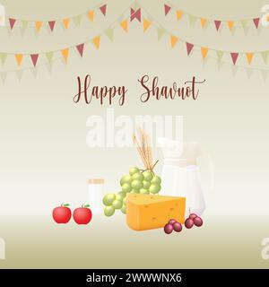 Banner modello Happy Shavuot con stile 3D. Concetto Jewish Holiday Shavuot con frutta, frumento e bottiglia di latte. Illustrazione vettoriale. Tel. Biglietto d'auguri Illustrazione Vettoriale