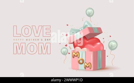 Concetto creativo realistico 3D per la festa della mamma felice per biglietti d'auguri, banner e modello. Parole di mongolfiera mamma con le confezioni regalo illustrazione vettoriale. Illustrazione Vettoriale