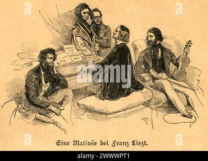 Europa, Österreich, Raiding, testo originale : Eine Matinée bei Franz Liszt , Motiv aus einem Werbeprospekt ' Das XIX Jahrhundert in Wort und Bild' von Hans Kraemer, Deutsches Verlagshaus Bong & Co , Berlino, Lipsia, Vienna, Stoccarda , um 1900 . / Europe, Austria, Raiding, testo originale : Eine Matinée bei Franz Liszt ( Una matinée con Franz Liszt ) , immagine dalla prospettiva : " Das XIX. Jahrhundert in Wort und Bild » ( il XIX secolo in parole e immagini ) , di Hans Kraemer, casa editrice: Deutsches Verlagshaus Bong & Co , Berlino, Lipsia, Vienna, Stoccarda, intorno al 1900 . Foto Stock