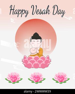 Happy Vesak Budha Purnima Day background con Budha Statue Vector Illustration Illustrazione Vettoriale