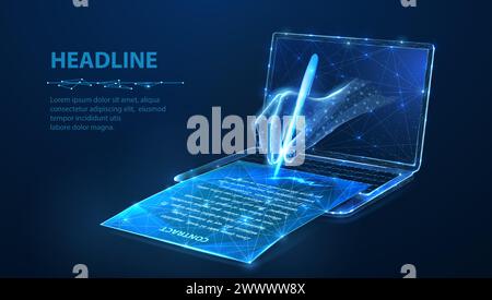 Una mano digitale con una tessera firma un documento e un computer portatile. Firma digitale, e-contract Illustrazione Vettoriale