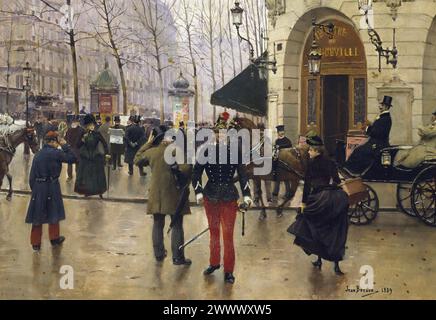 Il Boulevard des Capucines e il Teatro Vaudeville a Parigi, 1889, di Jean Beraud (1849-1935) - Belle Epoque: "Le Boulevard des Capucines devant le Theatre du Vaudeville a Paris" Un gauche sont visibles des colonnes Morris. Peinture de Jean Beraud (1849-1935) 1889 - Parigi, musee Carnavalet Foto Stock