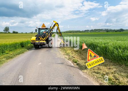 Taglio di argini lungo una strada B, manutenzione da parte di agenti del dipartimento. Argine che taglia lungo una strada B per la sicurezza di automobilisti, ciclisti e di altri Foto Stock