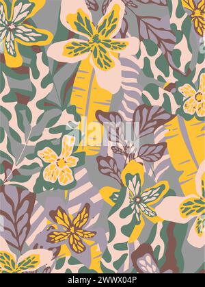 Motivo floreale dell'illustrazione vettoriale. Fiori grandi foglie tropicali. Foglie botaniche, design piccolo, design grande, effetto watercolou astratto multicolore Illustrazione Vettoriale