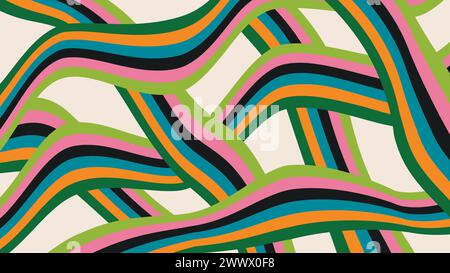 Design ruvido astratto in stile anni '60-'70. Sfondo vintage alla moda in stile hippie art. Curva psichedelica, motivo a strisce multicolore. Illustrazione Vettoriale