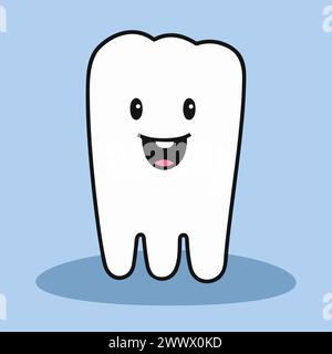 Carino cartoni animati icona del personaggio dei denti umani. Dente bianco sano con faccia sorridente felice isolato su sfondo azzurro. Illustrazione vettoriale. Illustrazione Vettoriale