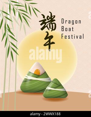 Traduzione: Happy Dragon Boat Festival. Dragon Boat in River per la gara di canottaggio . Banner per il Duanwu Festival in stile 3D. Illustrazione Vettoriale