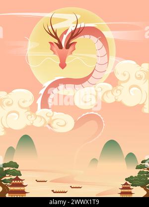 Traduzione: Happy Dragon Boat Festival. Dragon Boat in River per la gara di canottaggio . Banner per il Duanwu Festival in stile 3D. Illustrazione Vettoriale